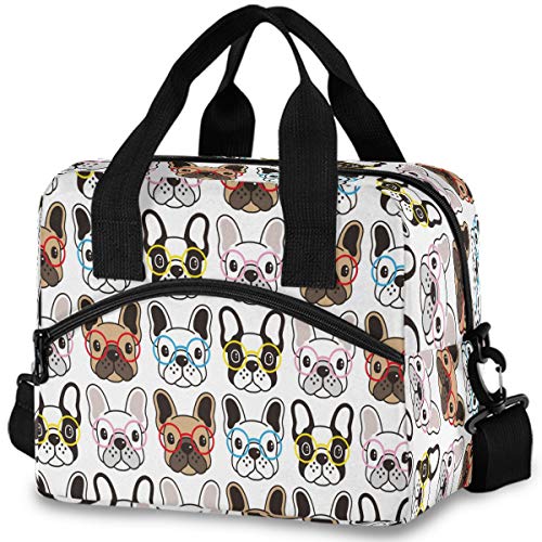 Cute Animal Dog French Bulldog Glasses Insulated Lunch Tote Bag Reusable Cooler Lunch Box with Shoulder Strap for Work Picnic School Beach (multi 14)