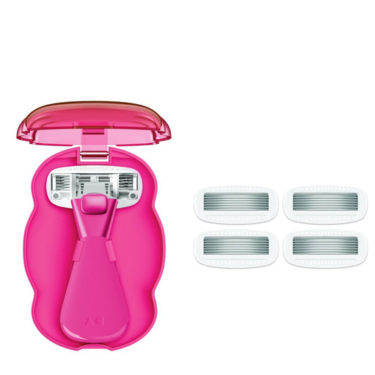 Women's Mini Travel Razor Shave Kit, 1 Mini Travel Razor Handle + 5 Blade Refills, Super Pink
