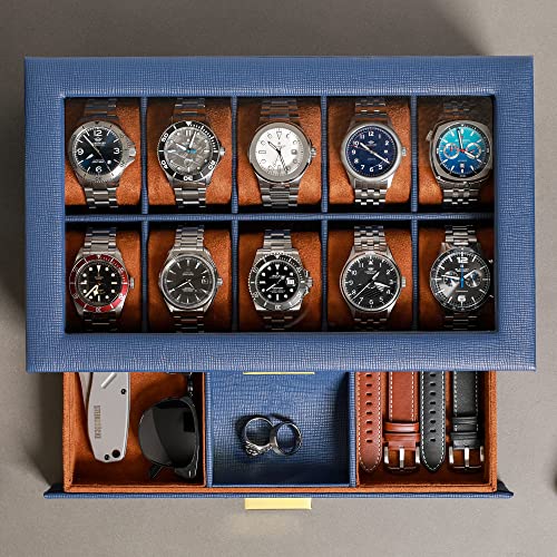 10 Slot Watch Box in Leather with Valet Drawer