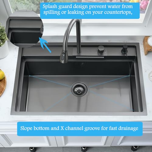 33 Inch Black Drop In Waterfall Kitchen Sink Workstation