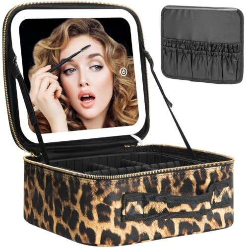 Makeup Travel Train Case with Mirror LED Light 3 Adjustable Brightness Cosmetic Bag Portable Storage Adjustable Partition Waterproof Makeup Brushes Makeup Jewelry Gift for Women