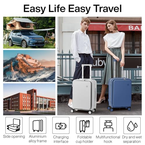 Carry On Luggage with Cup Phone Holder and Charger Hard Shell Suitcases with Spinner Wheels