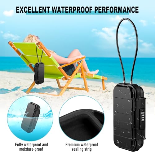 Portable Safe Lock Box with Combination Lock Mini Beach Travel Safe Waterproof Small Lockable Boxs with Removable Wire Rope Combination Lock Box for Dorm