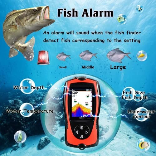 Portable Fish Finder Transducer Sonar Sensor 147 Feet Water Depth Finder LCD Screen Echo Sounder Fishfinder with Fish Attractive Lamp for Ice Fishing Sea Fishing