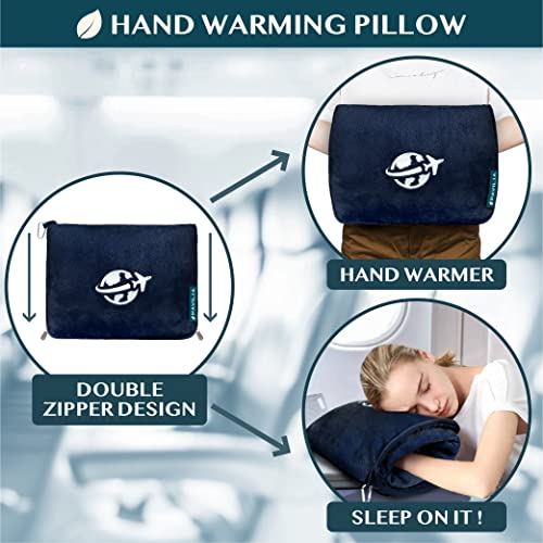 Compact 2-in-1 Travel Blanket Pillow for Airplane Flight, Navy Blue
