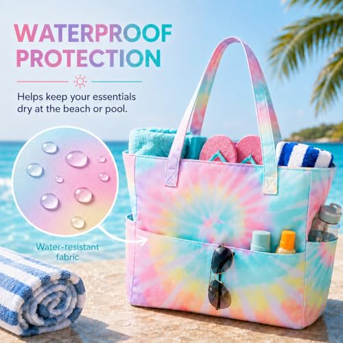 Waterproof Beach Tote Bag for Women Girls with Zipper Foldable Sandproof Pool Swim Bag Travel Carry On Gym
