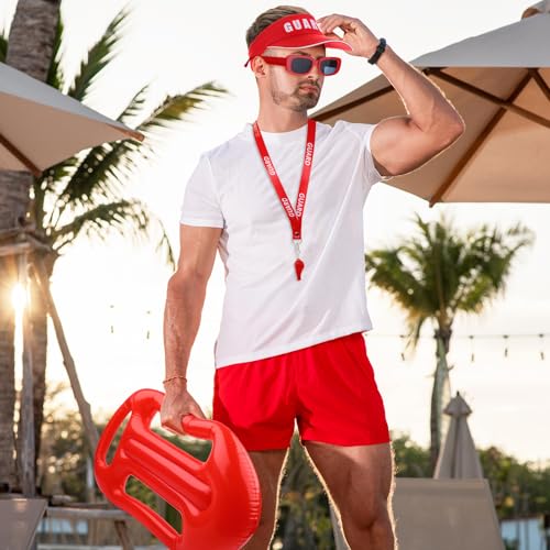 6 Sets Guard Visor Hat Red Emergency Whistle Lanyard for Pool Beach (12 Count)