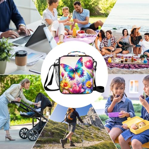 Spring Flower Butterfly Kids Lunch Box for Girls Boys Reusable Insulated Lunch Bag for Kids Toddler Thermal Cooler Spacious Lunchbox with Shoulder Strap Lunchbag for School Work Picnic (print 4)