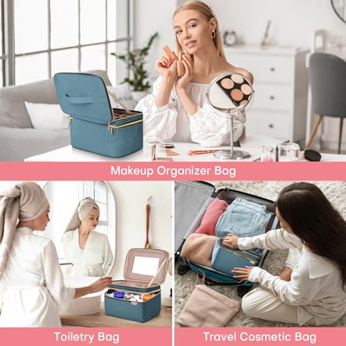 Large Makeup Bag with Mirror Double Layer Travel Make Up Organizer Case