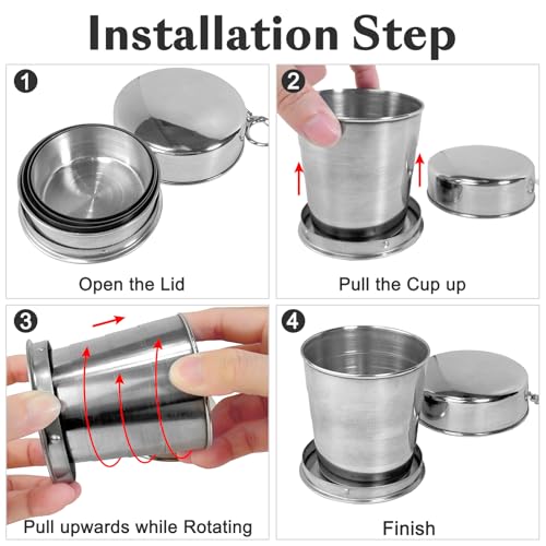 3 Pcs Stainless Steel Collapsible Cups for Traveling with Keychains (3 Count)