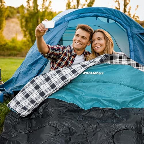 Cotton Flannel Double Sleeping Bag for Adults Machine Washable 2 Person Camping Sleeping Bag Queen Size Waterproof with Compression Sack for Cold Weather 3