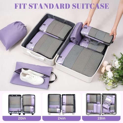 4 Set/6 Set/8 Set Compression Packing Cubes Travel Accessories Expandable Packing Organizers(HalfMesh,8-Dusty Purple)
