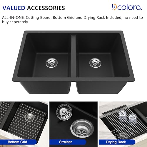 33 inch Quartz Matte Black Granite Composite Double Bowl Undermount Kitchen Sink Basin Deep 50