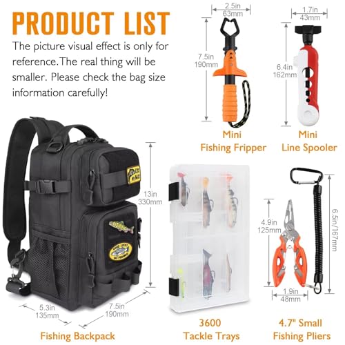 Small Fishing Backpack Fishing Sling Bag with 3600 Tackle Box Small Tackle Backpack with Tool Set Black