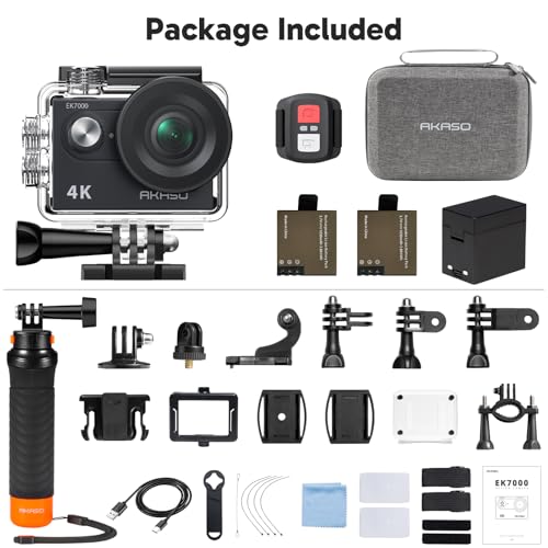 EK7000 4K30fps 20MP Action Camera EIS Ultra HD 131FT Waterproof Underwater Camera with Waterproof Floating Hand Grip Bundle and Carrying Case Helmet Accessories Kit Bundle
