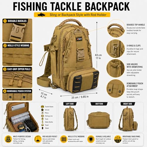 Fishing Tackle Backpack with Rod Holder & Removable Storage Pouch
