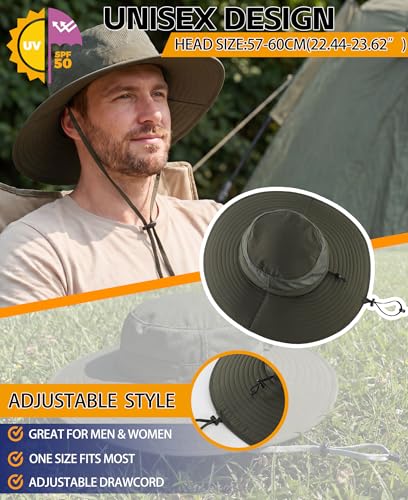 UPF50+ Mens Sun Hat Wide Brim Fishing Hat Large Foldable Brim UV Protection Hat for Men Bucket Beach Army Green