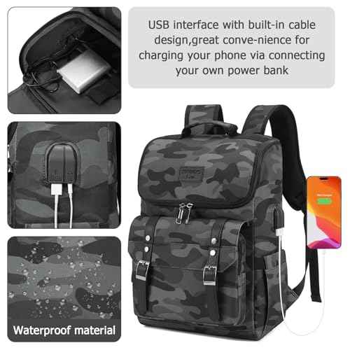 Vintage Backpack Travel Laptop Backpack with usb Charging Port for Women & Men College Backpack Fits 15.6 Inch Laptop Camouflage Gray