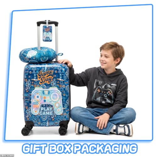 Kids Luggage Set Carry On Suitcase with U shaped Pillow Rolling Toddler Suitcase for Boys Travel Set Hardside Luggage with Spinner Wheels Airline Approved