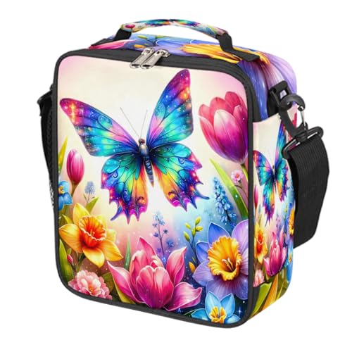 Spring Flower Butterfly Kids Lunch Box for Girls Boys Reusable Insulated Lunch Bag for Kids Toddler Thermal Cooler Spacious Lunchbox with Shoulder Strap Lunchbag for School Work Picnic (print 4)