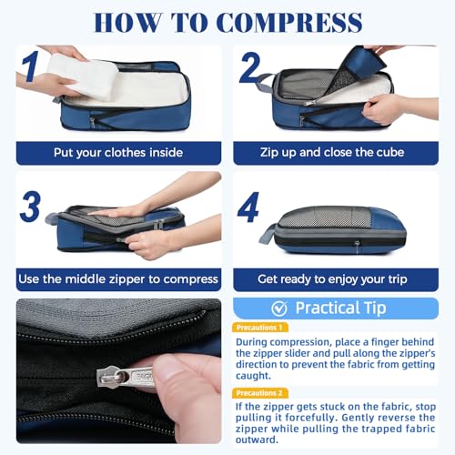 4 Set/6 Set/8 Set Compression Packing Cubes Travel Accessories Expandable Packing Organizers(HalfMesh,8-Navy)