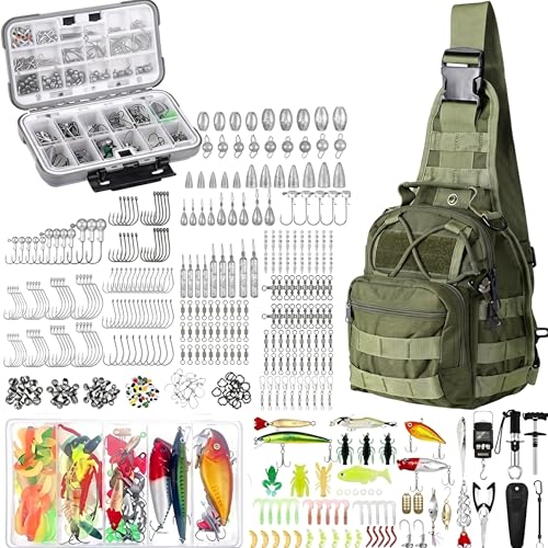 482 Pcs Fishing Sling Tackle Bag Set Fish Tackle Box Backpack Storage Fishing Gear and Equipment Included Fish Hook Remover Tool Lures Lip Gripper (482 Count)