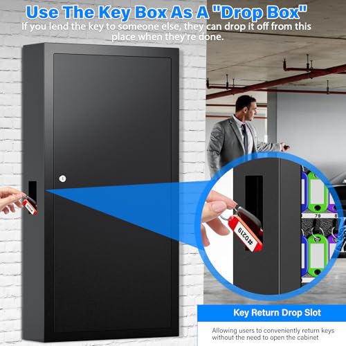250 Keys Key Lock Box Wall Mount with Additional 24 Side Hooks and Key Tags