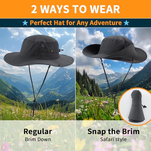 UPF50+ Mens Sun Hat Wide Brim Bucket Hat Womens UV Protection Sunshade Beach Hat Light Weight Cowboy Fishing Hat Dark Grey