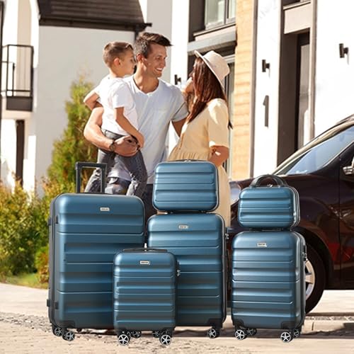 Luggage Sets 6 Piece Hardshell ABS Suitcases with 8 Silent Spinner Wheels Durable and Lightweight Travel Luggage for Family Trips Ink Blue