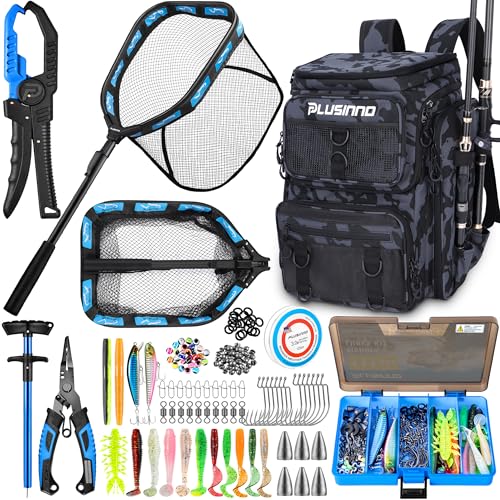 Fishing Backpack with Fishing Gear Fish Net & Rod Holders Tackle Box