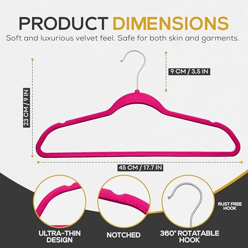 Premium Velvet Hangers 50 Pack Ultra Thin Non Slip Adult Felt Space Saving Suit Hanger for Closet Heavy Duty Coat Pants Jackets Dress Hangers 360° Swivel Hook Hold Upto 10 lbs Dark Pink (50 Count)