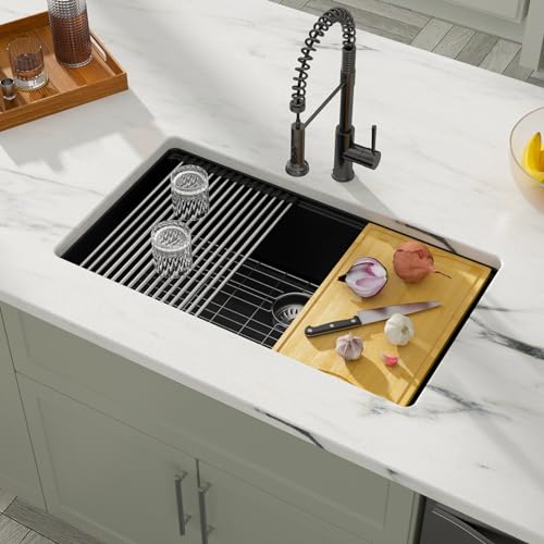Matte Black Quartz Kitchen Sink 33” Undermount Single Bowl