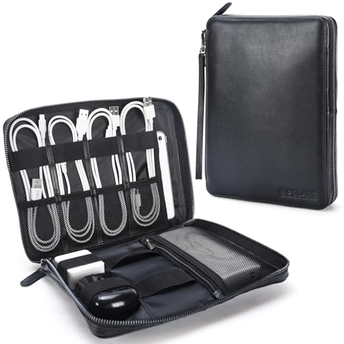 Polare Napa Leather Travel Cable Organizer Case Electronics Accessories Carry Bag with YKK Zippers Tech Storage Bag for Cables