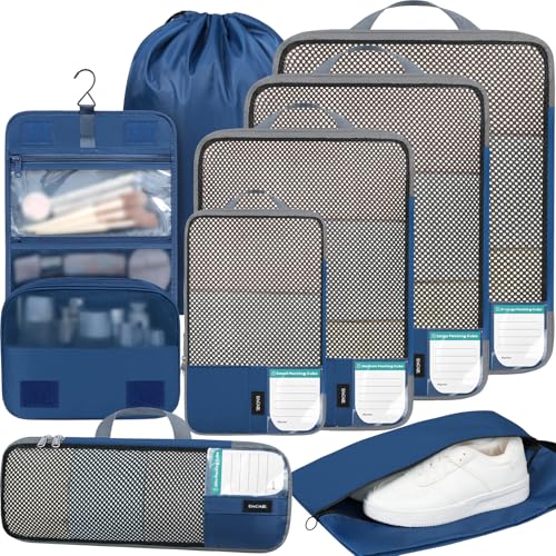4 Set/6 Set/8 Set Compression Packing Cubes Travel Accessories Expandable Packing Organizers(HalfMesh,8-Navy)