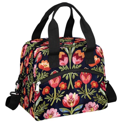 Red Flower Floral Insulated Lunch Bag for Women Girl Reusable Lunch Tote Box With Shoulder Strap Lightweight Thermal Cooler Meal Prep Bag for Work School Office Picnic (A05:flower)