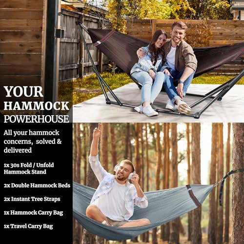 Combo x2 Hammocks with Stand for Outside & Tree Straps