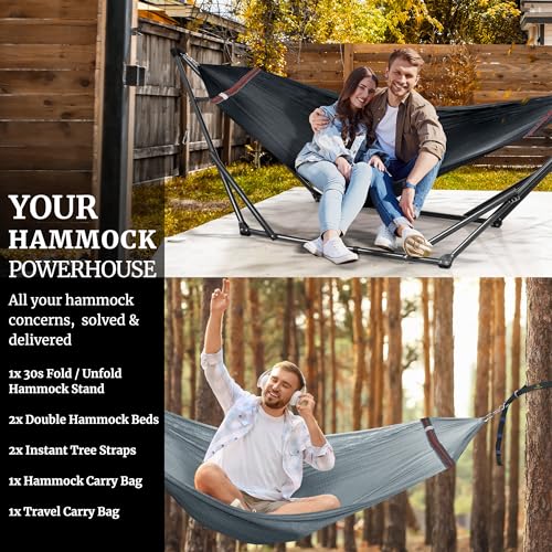 Combo x2 Hammocks with Stand for Outside & Tree Straps