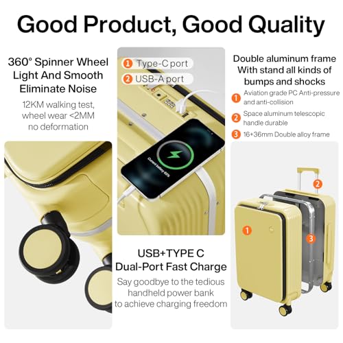 Carry On Luggage with Cup Phone Holder and Charger Hard Shell Suitcases with Spinner Wheels
