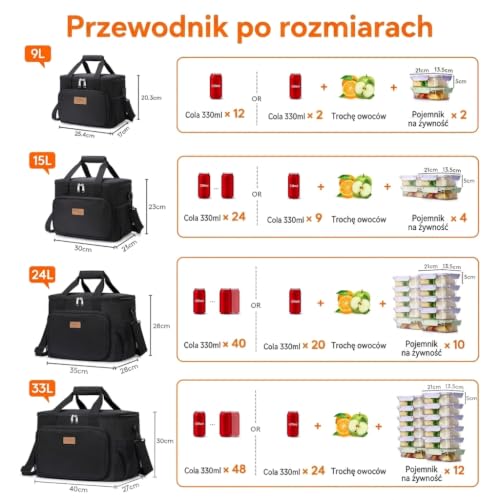 Medium Lunch Bag Insulated Lunch Box Soft Cooler Cooling Tote for Adult Men Women (Black / Mega (33L))