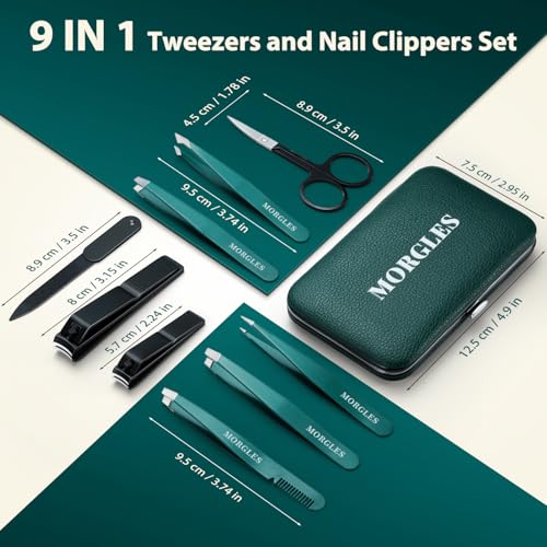Tweezers Set 9 Pcs Nail Clipper Kit with Case for Eyebrows Grooming (9 Count)