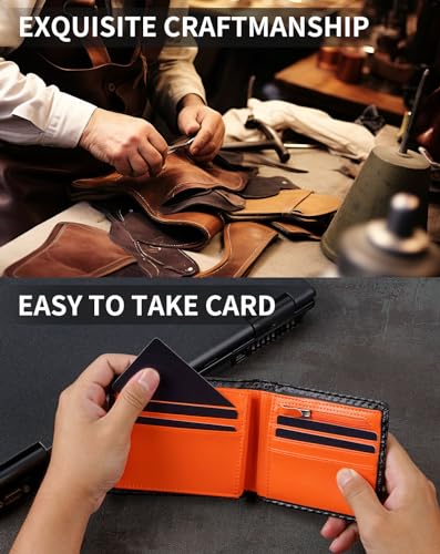 Wallet for Men RFID Blocking Genuine Leather Mens Wallets Bifold with 1 ID Window 15 Card Slots black stripe orange