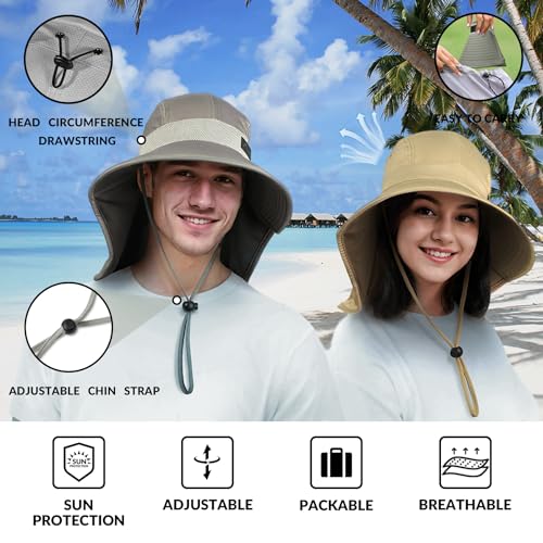 Cooling Sun Hat for Men Women UPF50+ Wide Brim Fishing Hat with Neck Flap Adjustable Foldable Bucket Hat for Hiking Grey