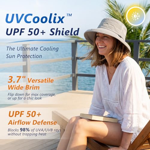 Sun Hat for Women Wide Brim SPF 50 UV Protection with Chin Strap Packable Bucket Hat for Travel Beach Outdoor Summer Waterproof Lightweight Gardening H iking Fishing Camping Cream Beige L