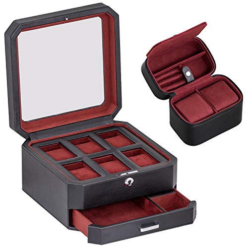 Gift Set 6 Slot Leather Watch Box and 2 Watch Travel Case