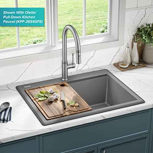 Bellucci 28 inch Granite Workstation Drop In Top Mount Single Bowl Kitchen Sink in Metallic Grey with Accessories