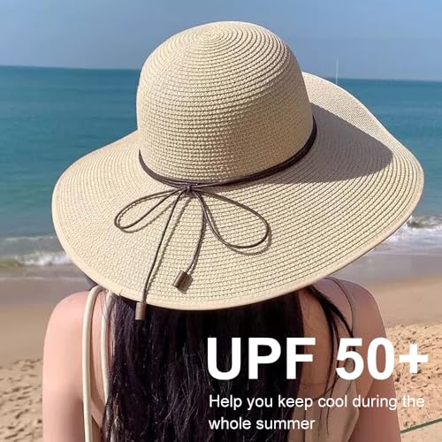 Womens Sun Straw Hat Bowknot Hat Summer Wide Brim Bucket Hats Foldable Beach Sun Hats Roll up UPF 50+