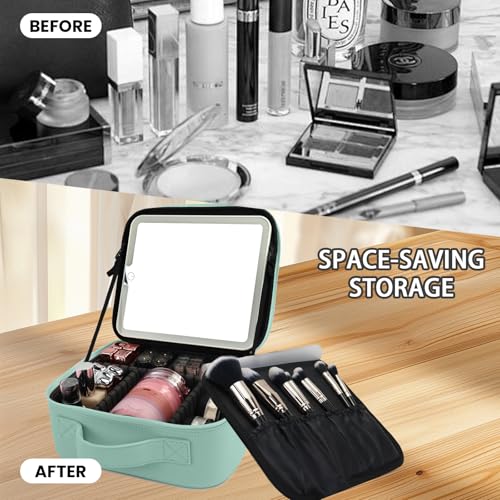 Travel Makeup Bag with LED Mirror and Light Makeup Travel Bag Organizer Portable Cosmetic Brush Organizer Bag with Adjustable Dividers for Cosmetics Makeup Brushes Toiletry