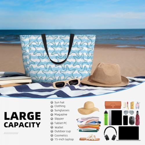 Waterproof Beach Tote Pool Bags for Women Ladies Extra Large Gym Tote Carry On Bag Wave starfish With Wet Compartment for Weekender Travel