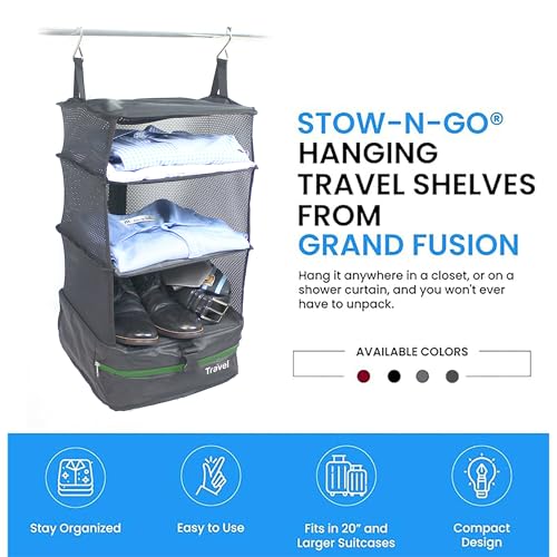 Stow-N-Go Hanging Travel Shelves, Packing Organizer for Luggage. Carry on Closet for Suitcase. Expandable Packing Cube. Travel Essentials. (Dark Gray - L, L = (L) 11.8" x (W) 11.8")