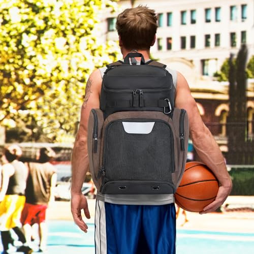 Large Basketball Backpack Sports Gym Bag with Ball Holder Ventilated Shoe Compartment Insulated Cooler Pockets Reflective Strips Fence Hook for Men Athletic Training